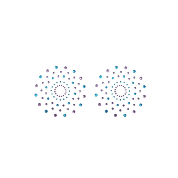 Paire de cache tétons adhésifs strass bleu et violet 